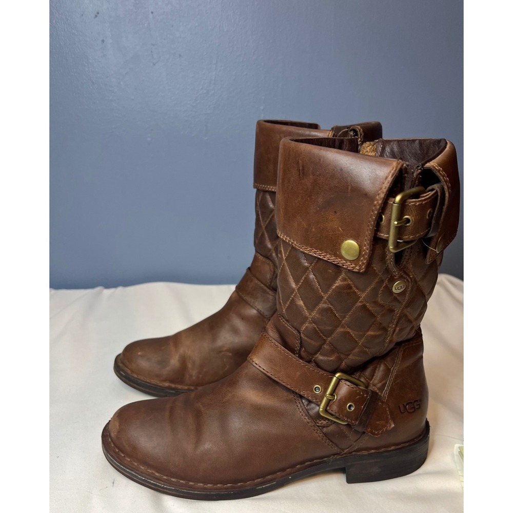 UGG Australia Adley Quilted Leather Buckle Mid Calf Boots Brown Womens Size 7.5